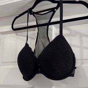Victorias Secret Black Leopard Lace Front Clip  Racerback Demi Bra w/ Mesh Back